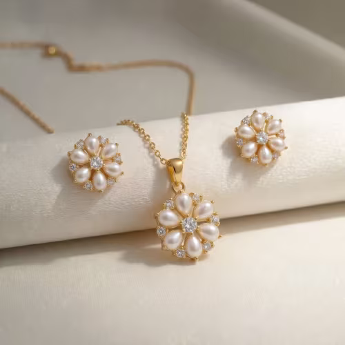 Floral Pearl Cluster Pendant Locket Set Gold Plated 925 Silver - view 1