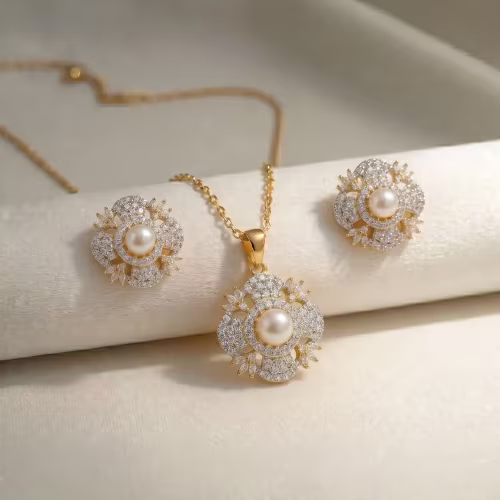 Royal Pearl Halo Floral Pendant Locket Set Gold Plated 925 Silver - view 1