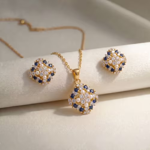 Royal Blue Sapphire & Pearl Floral Diamond Pendant Locket Set Gold Plated 925 Silver - view 1