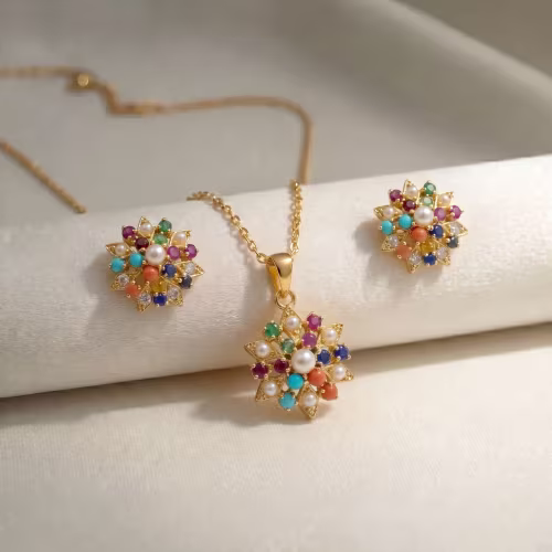 Royal Navratan Multicolor Gemstone Floral Pendant Locket Set Gold Plated 925 Silver - view 1