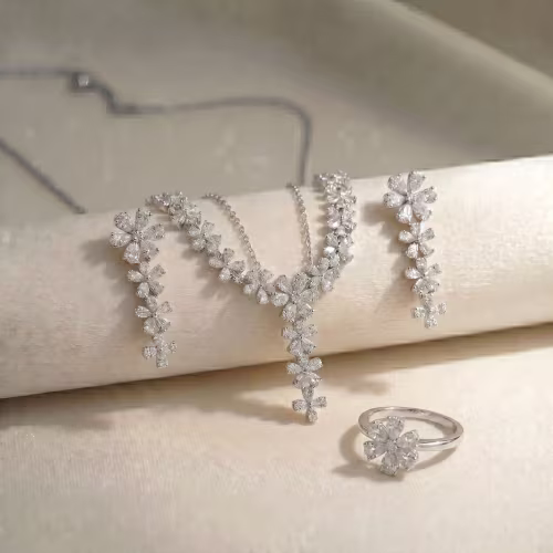 Silver Floral Pearl Necklace Set with Matching Drop Earrings Gold Plated 925 Silver - view 1
