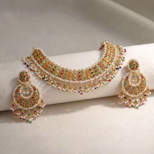 Regal Pearl & Stone Necklace Set Real Pearl, Naurattan, Gold Plated 925 Silver - view 1