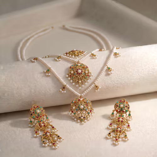 Heritage 3-Layer Real Pearl, Emerald & Ruby Droplet Necklace Gold Plated 925 Silver - view 1