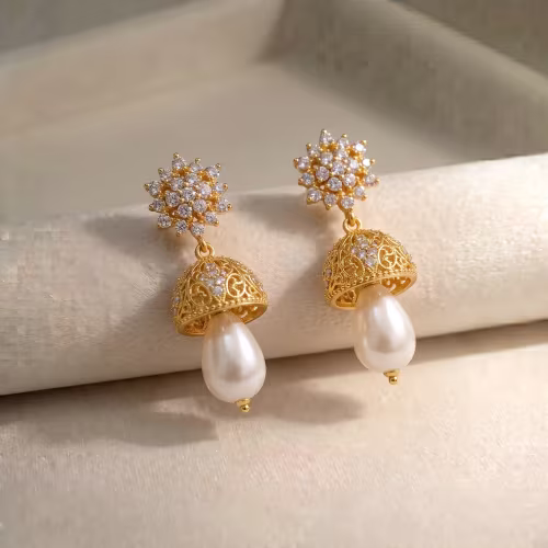 Pearlescent Bloom Jhumki Earrings Real Pearl Gold Plated 925 Silver - view 1