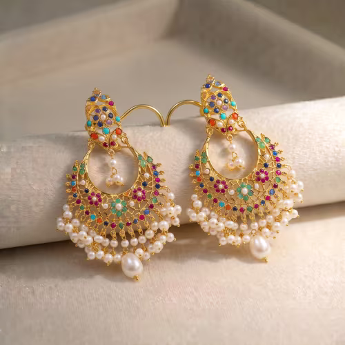 Traditional Navratan Pearl Chandbali Earrings with Real Naurattan Drops Gold Plated 925 Silver - view 1