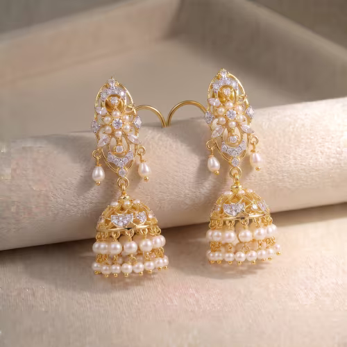 Cluster Drop Earrings Real Pearl Gold Plated 925 Silver - view 1