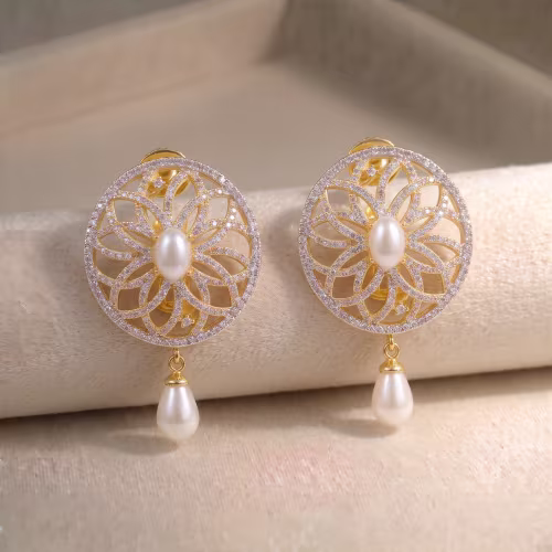 Circular Filigree Pearl Drop Earrings Real Pearl Gold Plated 925 Silver - view 1