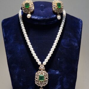 925 Sterling Silver Gold Plated Necklace Set with Real Pearls, Zircon & Farooq Green Stones