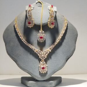925 Sterling Silver Gold Plated Necklace Set with Real Ruby & Zircon
