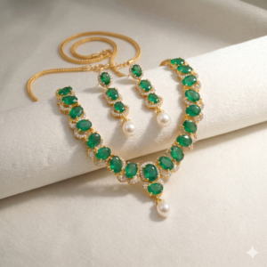 925 Sterling Silver Gold Plated Locket Set with Real Pearl, Emerald & Zircon