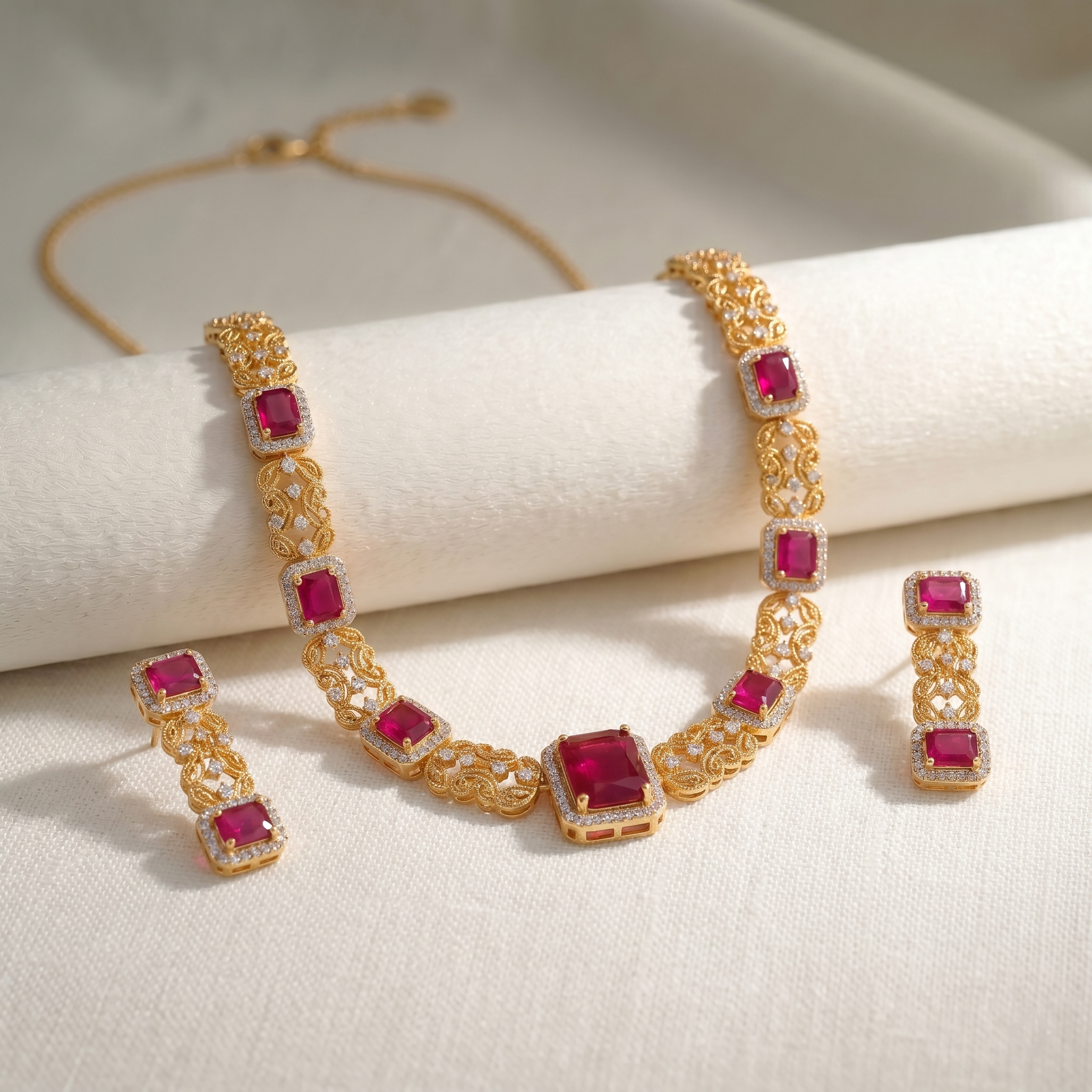 925 Sterling Silver Gold Plated Locket Set with Real Ruby & Zircon