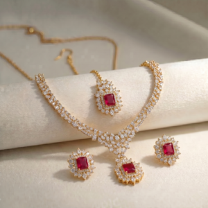 925 Sterling Silver Gold Plated Necklace Set with Real Ruby & Zircon