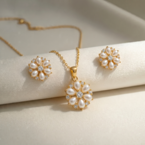 925 Sterling Silver Gold Plated Locket Set with Real Pearl & Zircon Stones