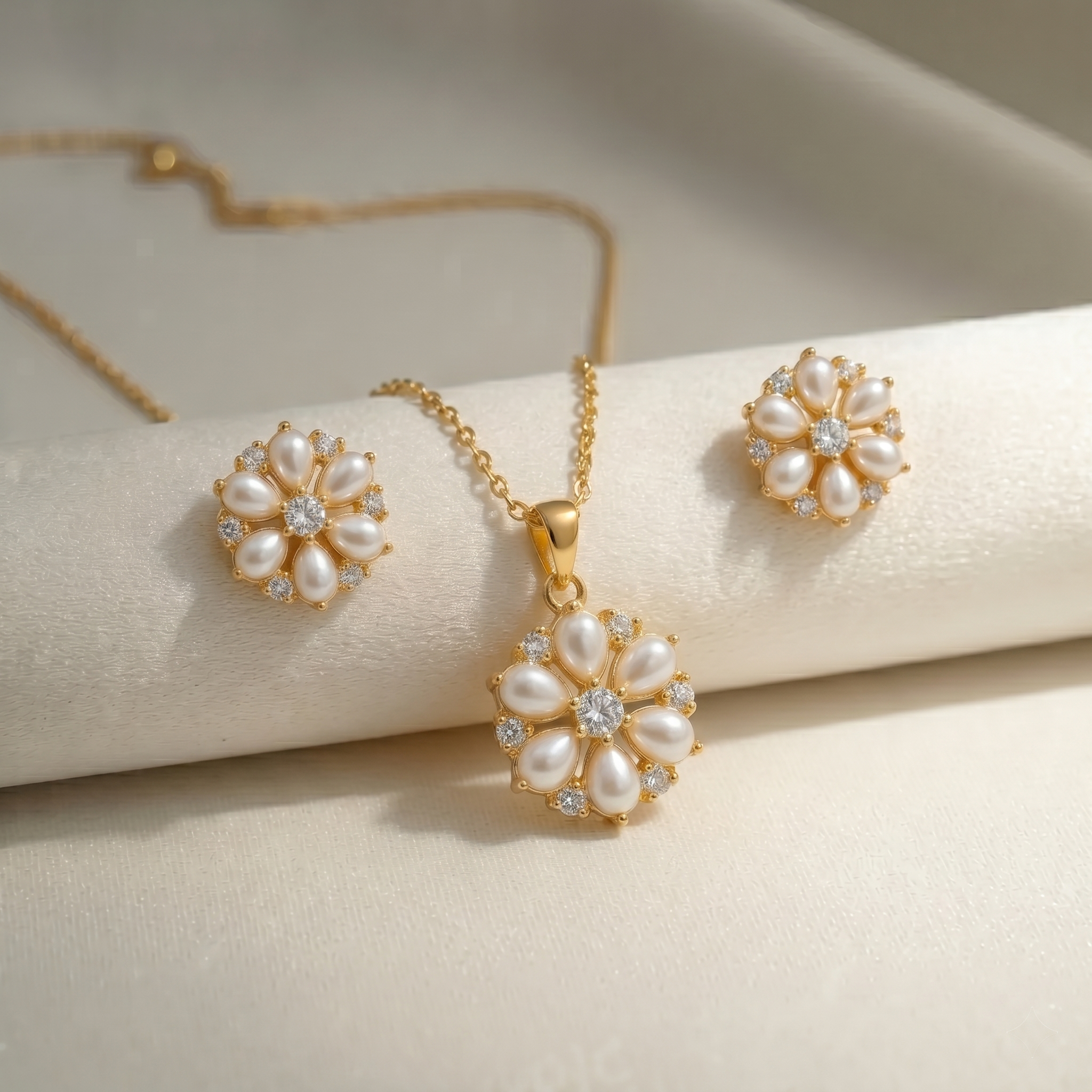 925 Sterling Silver Gold Plated Locket Set with Real Pearl & Zircon Stones