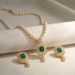 925 Sterling Silver Gold Plated Necklace Set with Real Pearls, Zircon & Farooq Green Stones
