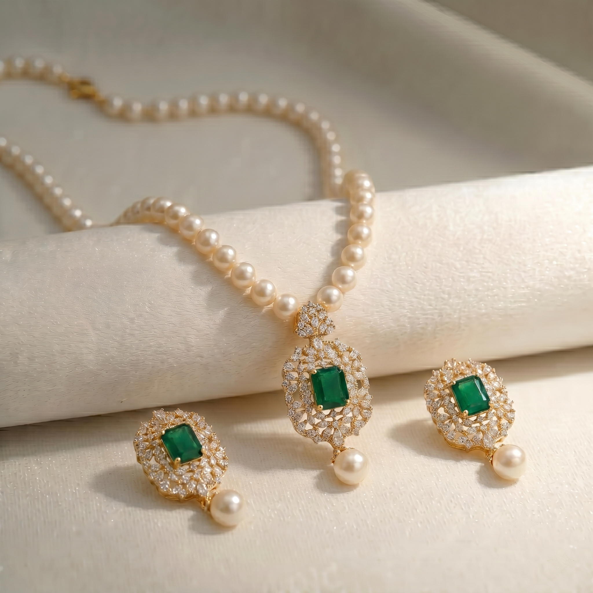 925 Sterling Silver Gold Plated Necklace Set with Real Pearls, Zircon & Farooq Green Stones