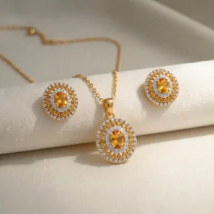 925 Sterling Silver Gold Plated Locket Set with Champagne & Zircon Stones
