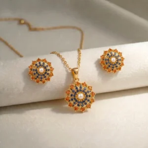 925 Sterling Silver Gold Plated Locket Set with Real Blue Sapphire, Coral & Pearl