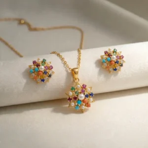 925 Sterling Silver Gold Plated Locket Set with Real Navratan Stones