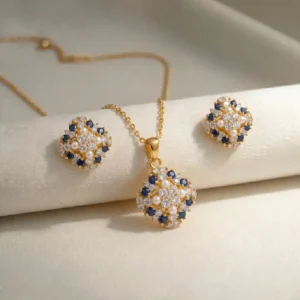 925 Sterling Silver Gold Plated Locket Set with Real Pearls, Zircon & Blue Sapphire