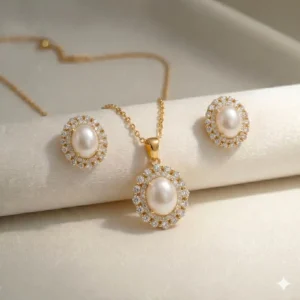 925 Sterling Silver Gold Plated Locket Set with Real Pearls & Zircon Stones