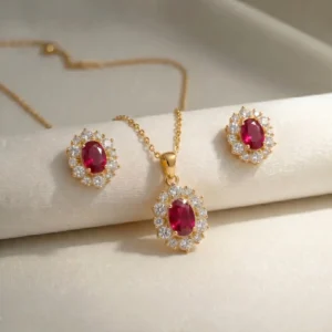 925 Sterling Silver Gold Plated Locket Set with Real Ruby & Zircon Stones